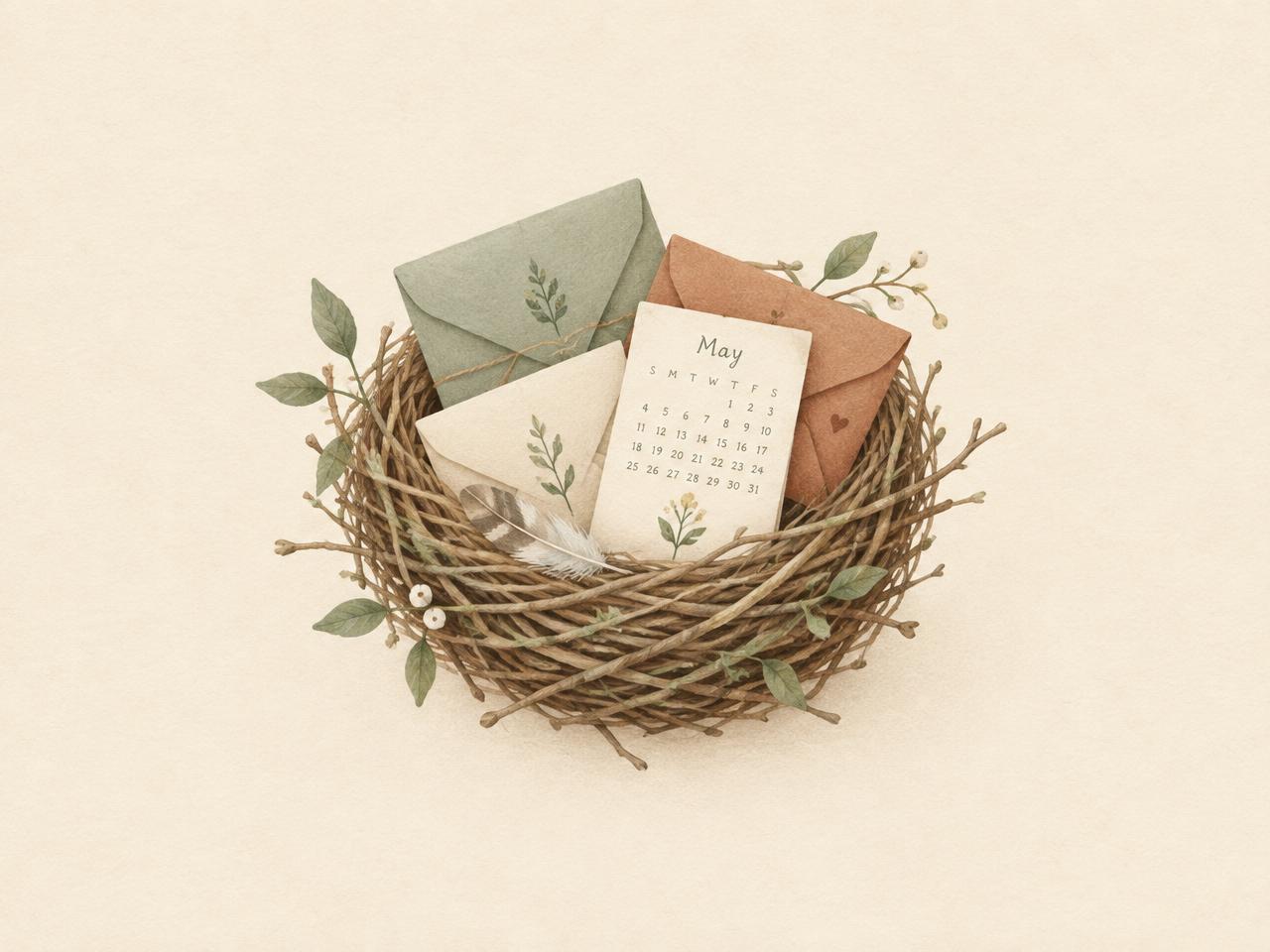 A nest holding letters and a small calendar